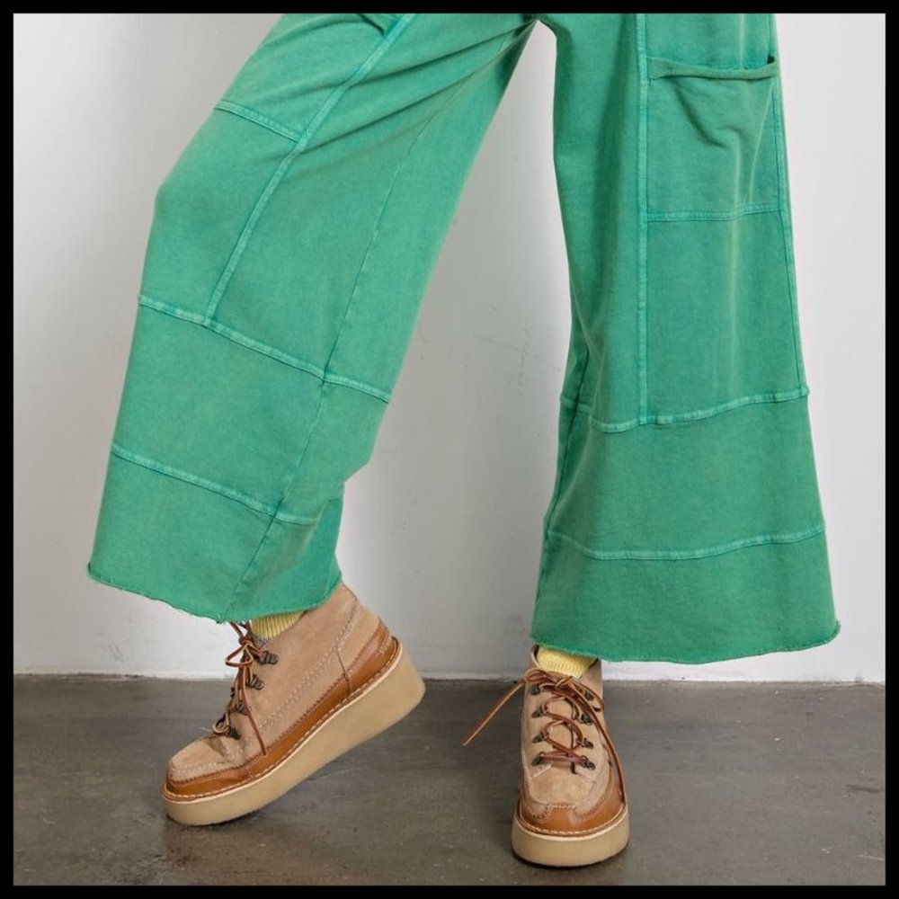 EASEL "Perfect Cargo" Terry Knit Mineral Washed Flared Leg Pants Raw Seams, Hems - Picture 12 of 15